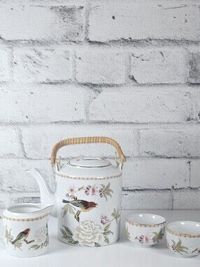 Vintage Asian Bird Floral Porcelain Tea Set Teapot Creamer Cups